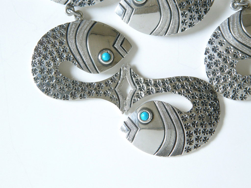 Modernist Whimsical Mexican Sterling and Turquoise Fish Necklace For Sale