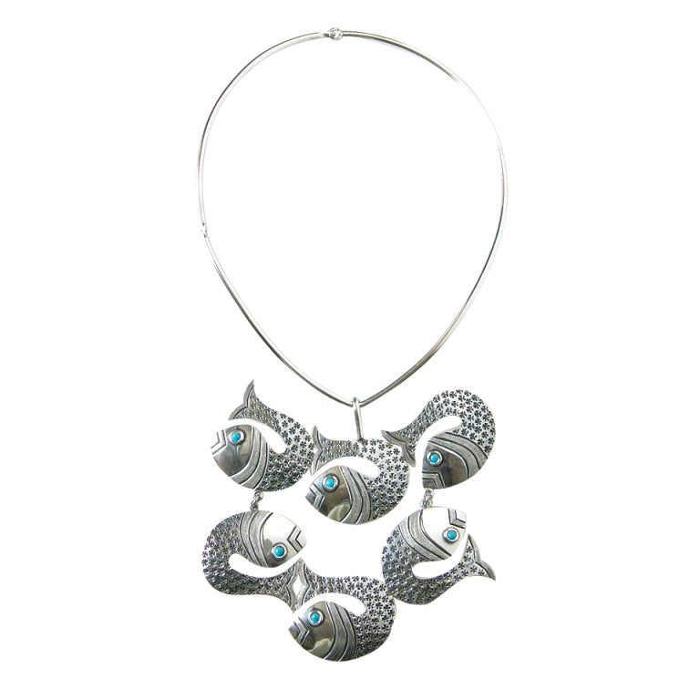 Whimsical Mexican Sterling and Turquoise Fish Necklace For Sale
