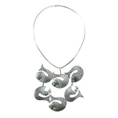 Whimsical Mexican Sterling and Turquoise Fish Necklace