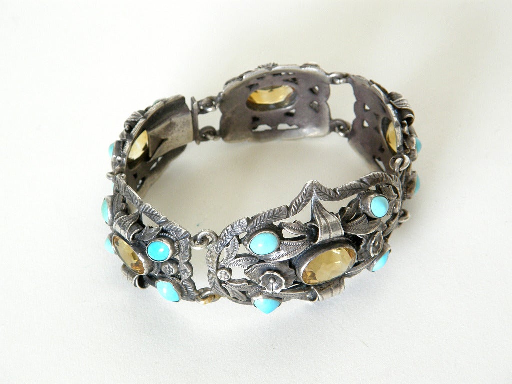 800 Silver Link Bracelet with Turquoise and Citrine In Good Condition For Sale In Chicago, IL