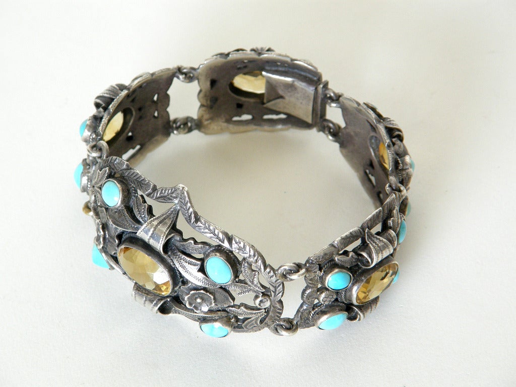 Women's 800 Silver Link Bracelet with Turquoise and Citrine For Sale