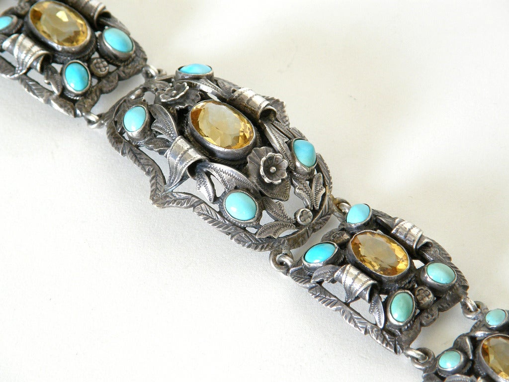 800 Silver Link Bracelet with Turquoise and Citrine For Sale 1