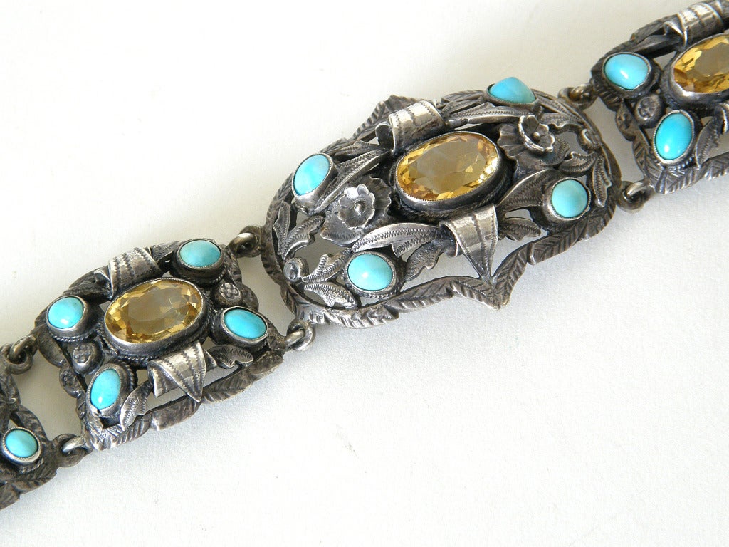 800 Silver Link Bracelet with Turquoise and Citrine For Sale 2