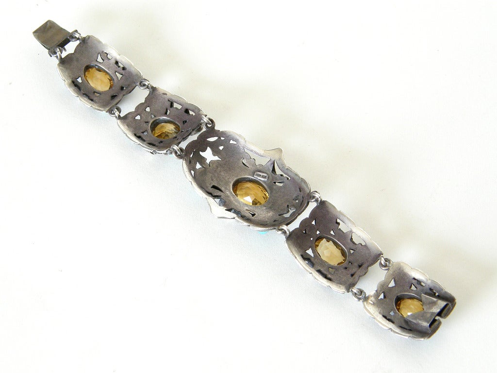 800 Silver Link Bracelet with Turquoise and Citrine For Sale 3
