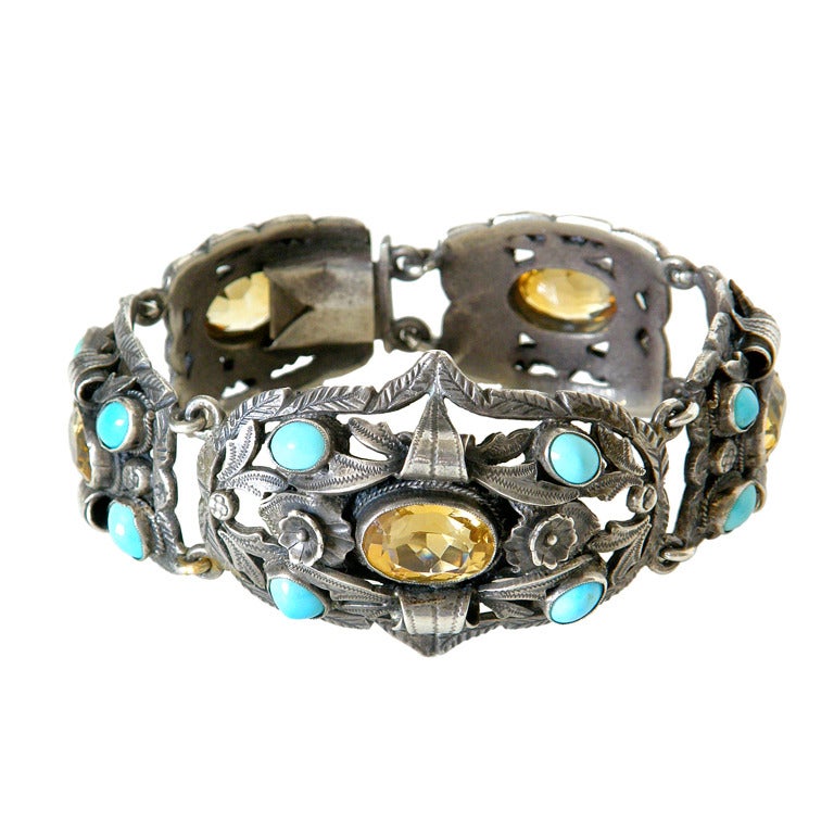 800 Silver Link Bracelet with Turquoise and Citrine For Sale