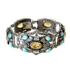 Vintage 800 Silver Link Bracelet with Turquoise and Citrine