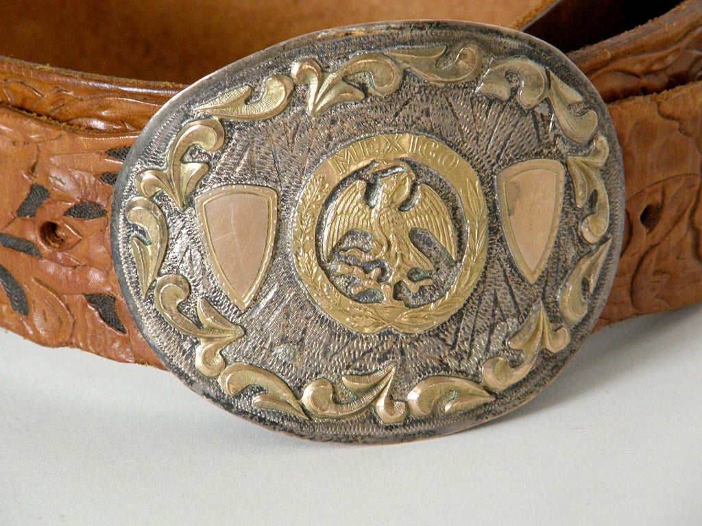 Brown Tooled Leather Belt with Sterling Trophy Buckle