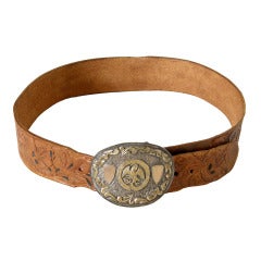 Tooled Leather Belt with Sterling Trophy Buckle