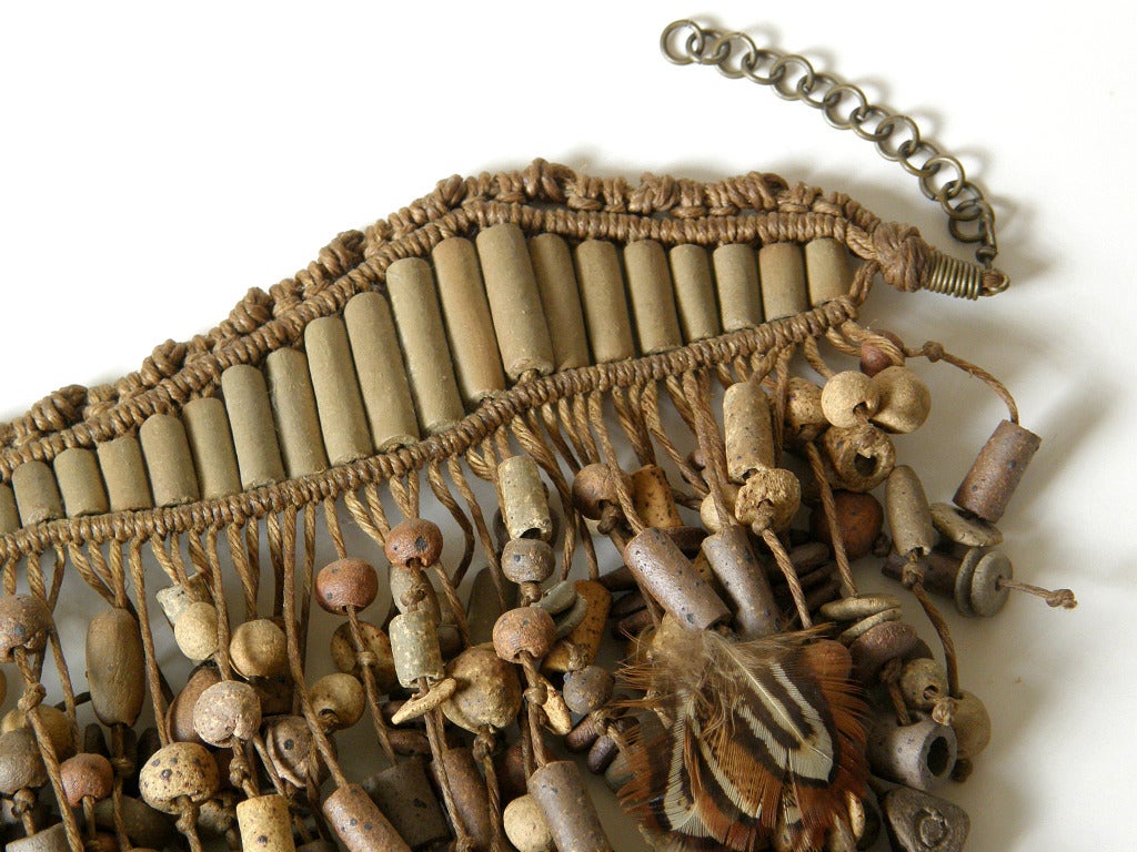 Macrame Necklace with Beads and Feathers at 1stdibs