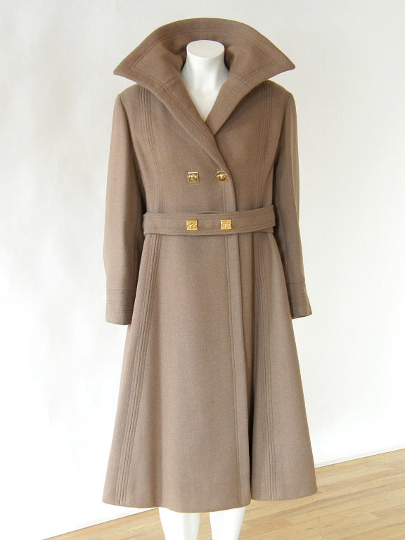 Brown 1960s James Galanos Wool Coat with Unique Hardware and Matching Scarf