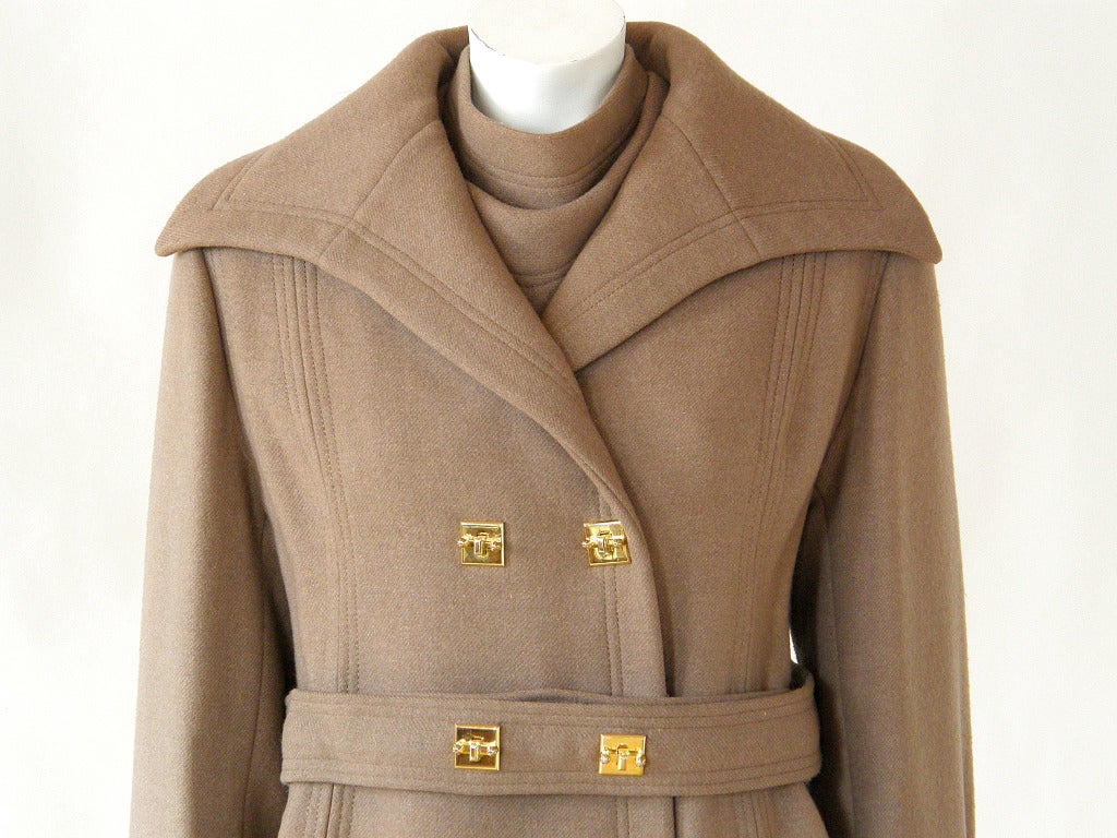 Women's 1960s James Galanos Wool Coat with Unique Hardware and Matching Scarf
