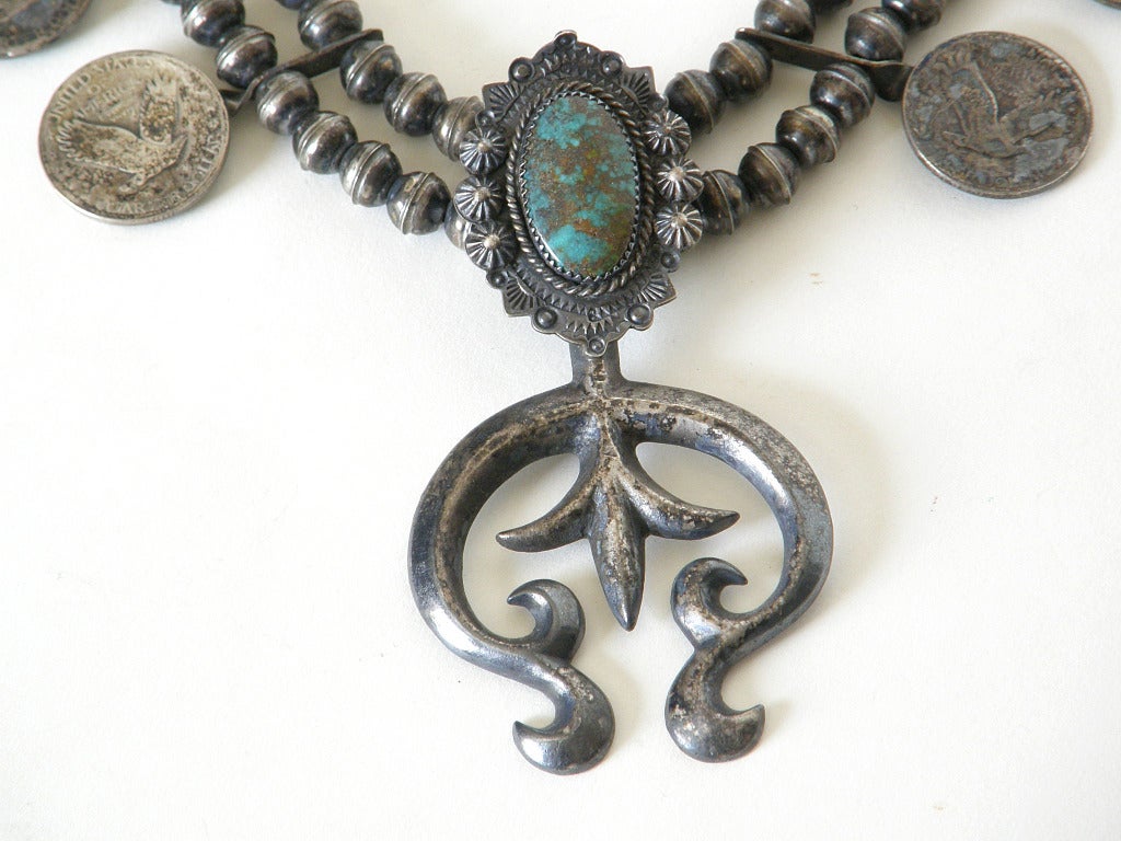 Wonderful, Native American squash blossom necklace with Liberty quarters as the 