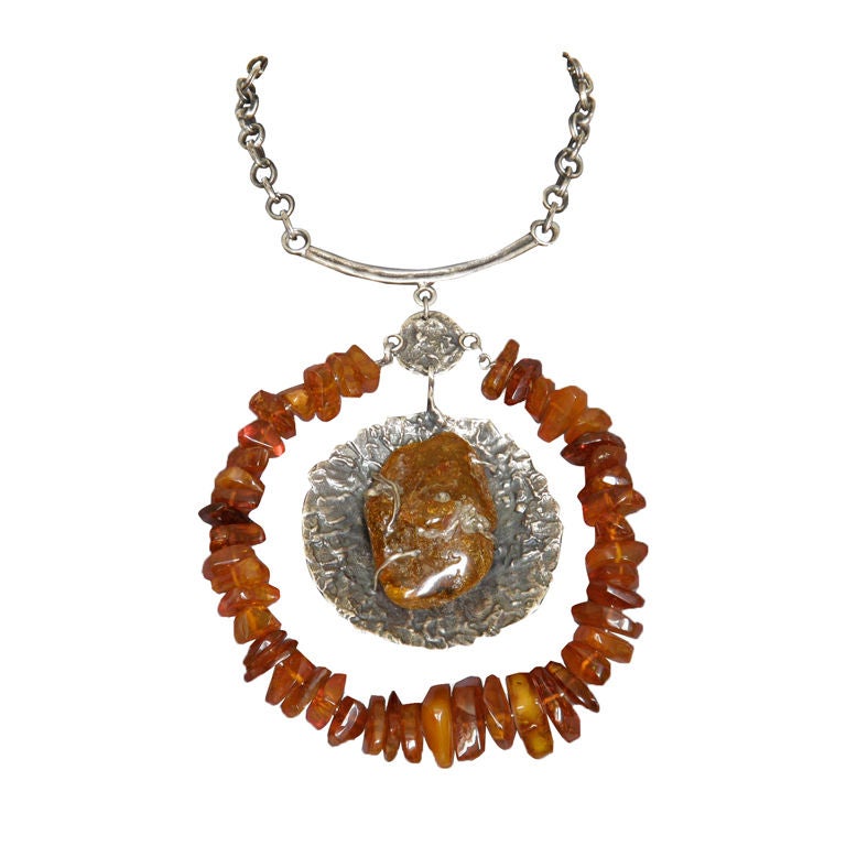  Lillian Kalan Sterling and Amber Brutalist Necklace For Sale