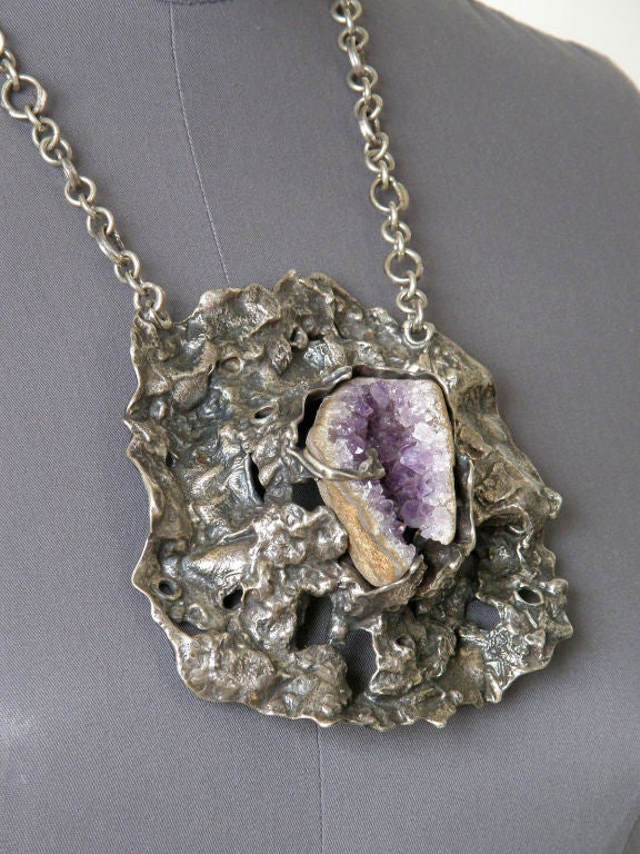 Artisan Lillian Kalan Brutalist Sterling Necklace with Geode For Sale
