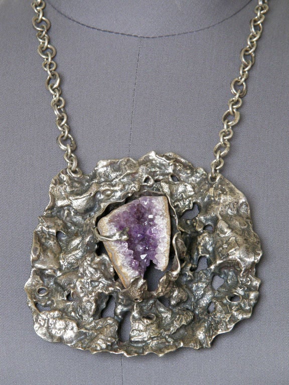 Uncut Lillian Kalan Brutalist Sterling Necklace with Geode For Sale