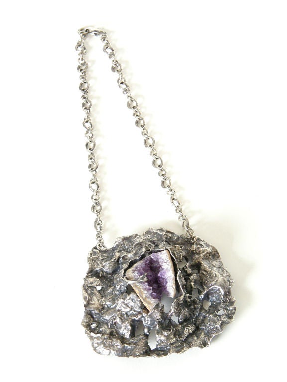 Lillian Kalan Brutalist Sterling Necklace with Geode In Good Condition For Sale In Chicago, IL