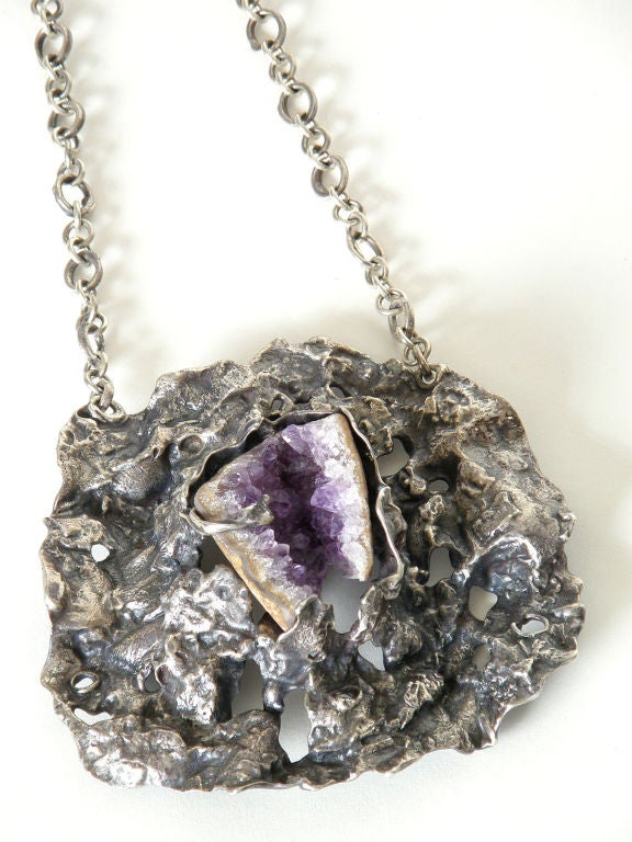 Women's Lillian Kalan Brutalist Sterling Necklace with Geode For Sale