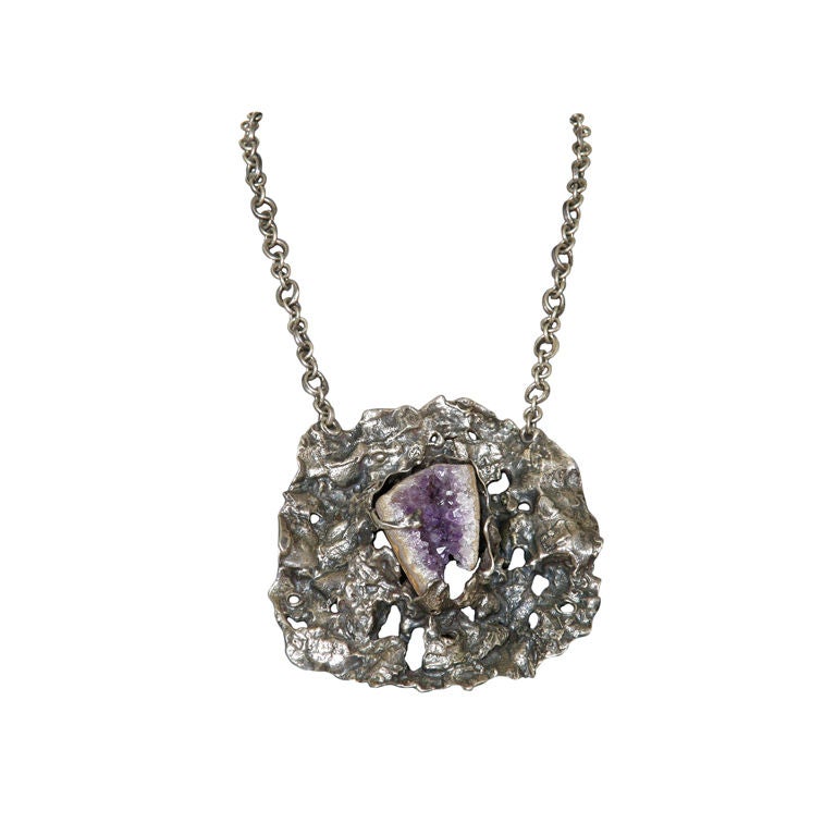 Lillian Kalan Brutalist Sterling Necklace with Geode For Sale