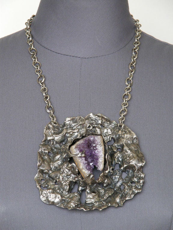 Lillian Kalan Brutalist Sterling Necklace with Geode For Sale 1
