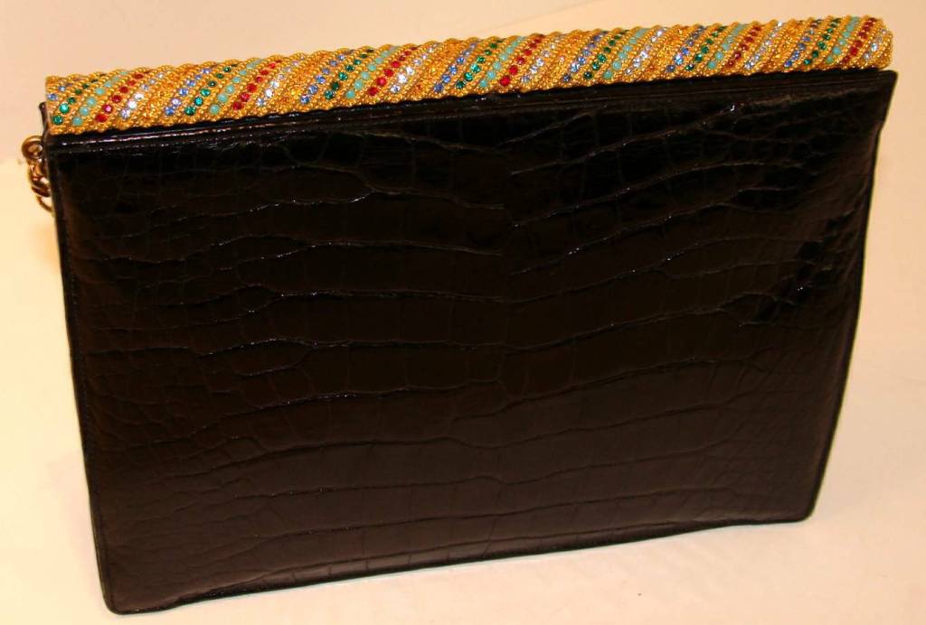 Black Alligator Evening Bag with Jewel Encrusted Frame