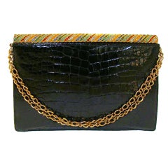 Vintage Black Alligator Evening Bag with Jewel Encrusted Frame