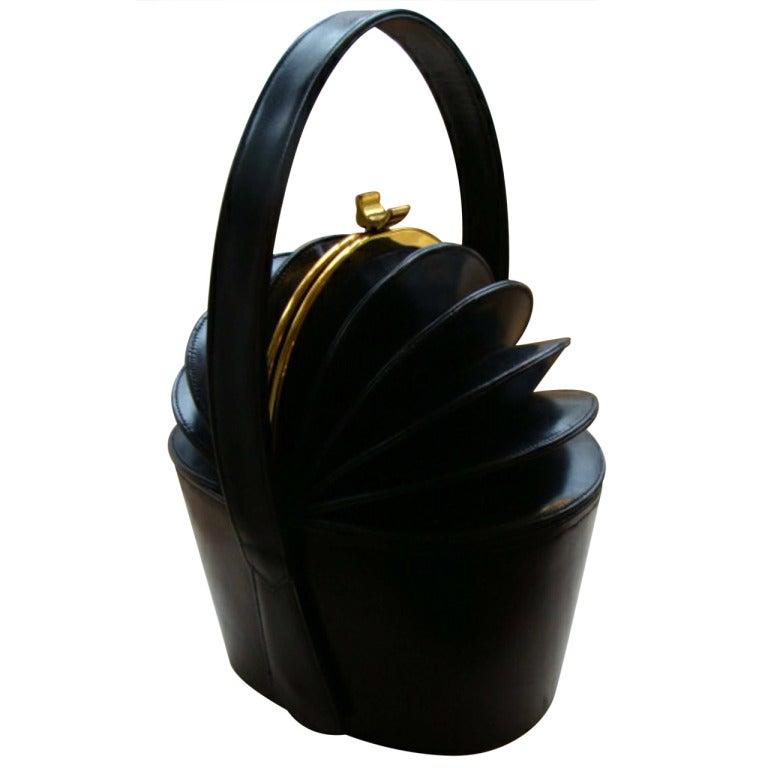 RARE& VINTAGE Black Concertina Top Hat Box Purse For Sale at 1stdibs