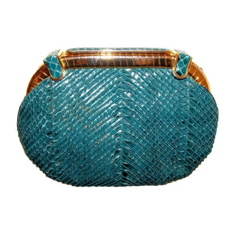 Teal Python Evening Bag Clutch W/Shoulder Strap by Judith Leiber