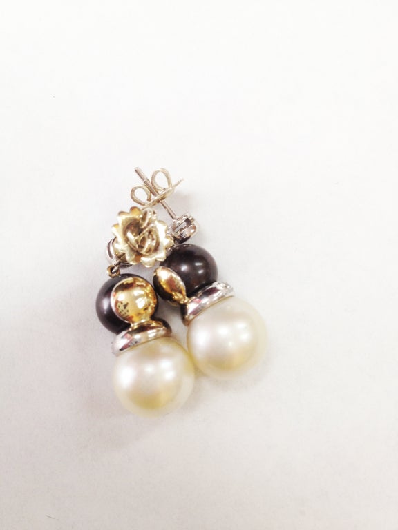 Contemporary Tahitian and White South Sea Pearl and Diamond Gold Earrings Estate Fine Jewelry