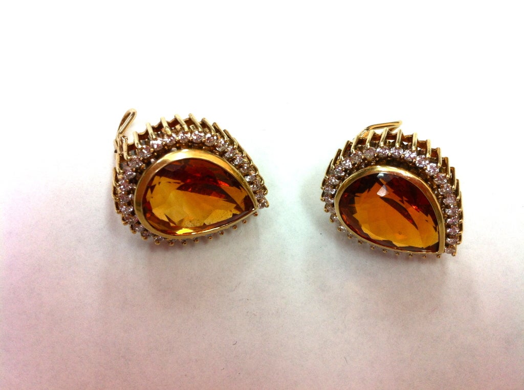 Contemporary Vintage Marquise Mandarin Citrine and Diamond Gold Earrings Fine Estate Jewelry For Sale