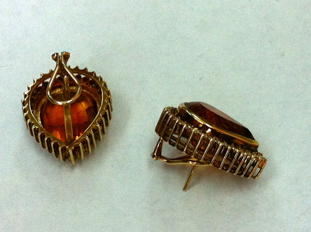 Vintage Marquise Mandarin Citrine and Diamond Gold Earrings Fine Estate Jewelry In Excellent Condition For Sale In Montreal, QC