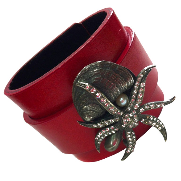 Faux Diamond Starfish Leather Statement Cuff Bracelet For Sale