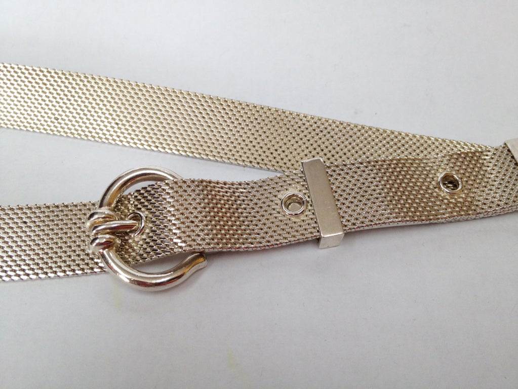 Unique Vintage Flexible Sterling Silver Mesh Belt with Buckle; Marked: 925. What a great accessory to spice up any simple tunic or dress. So smooth to the touch, you will love it!   
Approx. weight: 179gm.