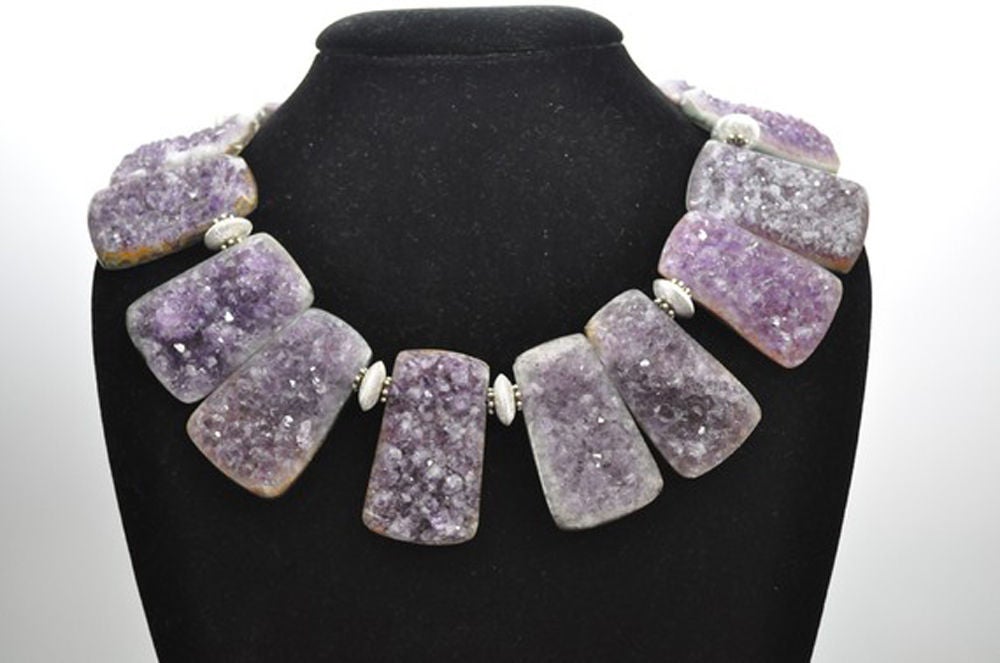 Outstanding Handmade Genuine Natural Gem Amethyst Quartz Necklace inter-spaced with Sterling Silver Rondelle Beads; held by a Square Silver Clasp. The rectangular Gem Amethyst Quartz Stone measures approx. 52mm x 32mm, slight variations in size of