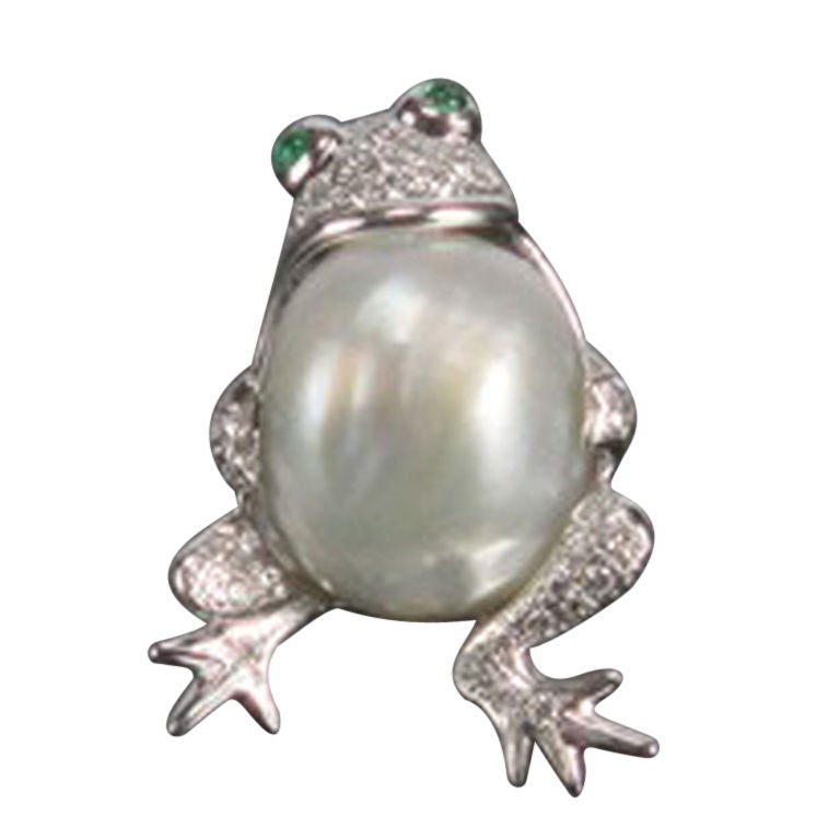 Vintage Frosch-Brosche/Anstecknadel, Südseeperle Diamant Gold Frosch-Schmuck im Angebot