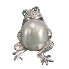 Retro South Sea Pearl Diamond Gold Frog Brooch Pin Estate Fine Jewelry