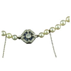 Edwardian Platinum Diamond Sapphire Clasp Pearl Necklace