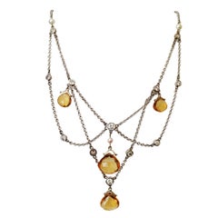 Retro Diamond Citrine Briolette Pearl Gold Festoon Necklace Estate Fine Jewelry