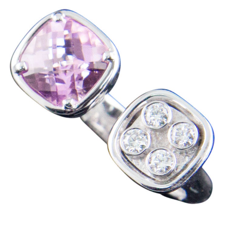 Bague moderniste bypass Moi et Toi en or, diamant et kunzite, bijouterie d'occasion