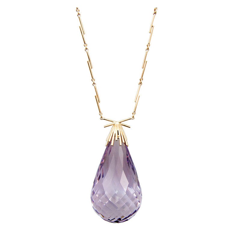 Modernist Teardrop Rose de France Amethyst Gold Pendant