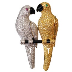 Vintage Diamond and Yellow Sapphire Parrots Gold Brooch Pin Estate Fine Jewelry