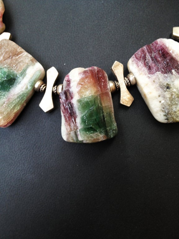 Simply Beautiful! Rare Natural Free-form Watermelon Tourmaline Vintage Necklace. Comprising thirteen Natural Tourmaline Druzy Gemstones, inter-spaced with sterling silver spacers held by a square  S/S clasp.  Approx. Druzy sizes ranging from: 33.5mm