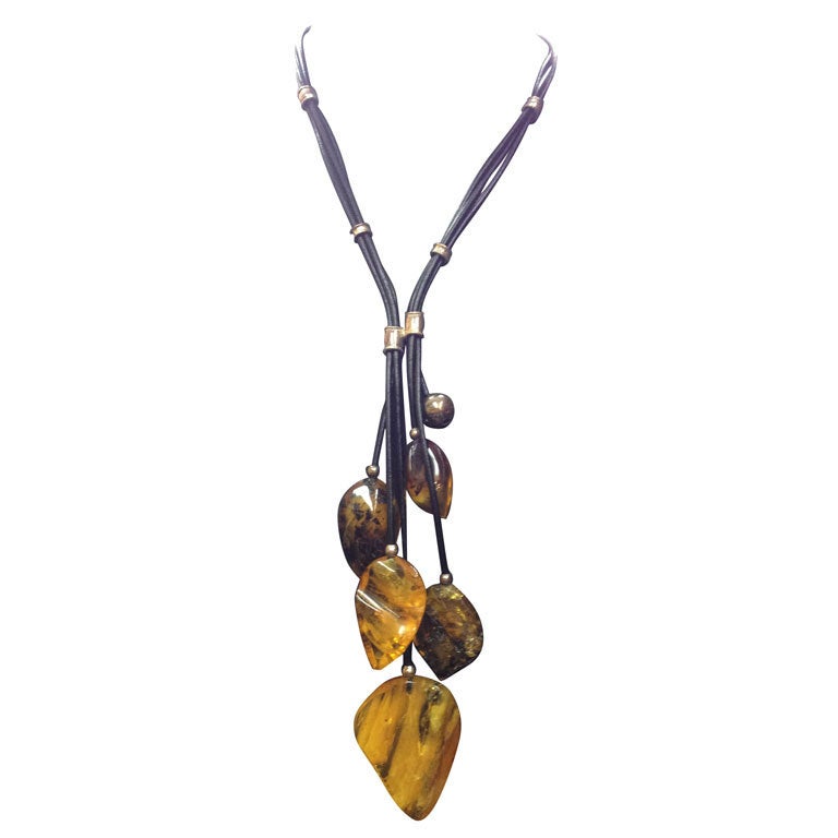 Natural Amber Cascade Sterling Silver and Leather Necklace