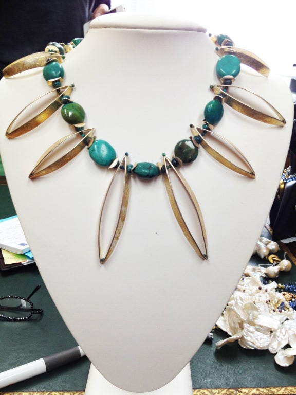 Art Moderne Necklace, comprising Natural oval Turquoise Beads inter-spaced with free-form and Marquise-shaped oxidized Sterling Silver beads accented by small turquoise beads; held by a square S/S clasp. Marquise-shaped S/S beads range from 45.5mm x