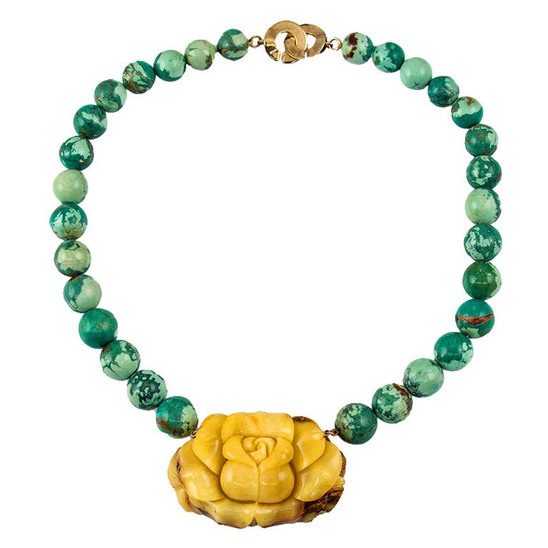 Natural Turquoise Bead Necklace centered by Hand Carved Amber