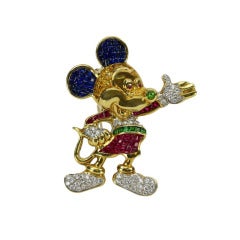 Vintage Mickey Mouse Precious Diamond Ruby Emerald Gold Pin