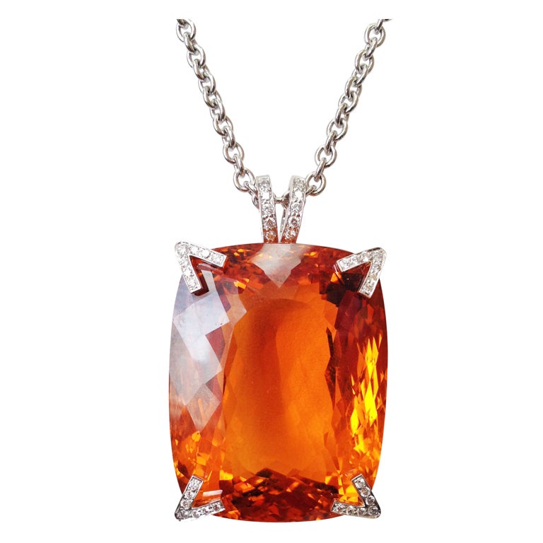 Mandarin Citrine Cushion Cut Diamond Gold Pendant