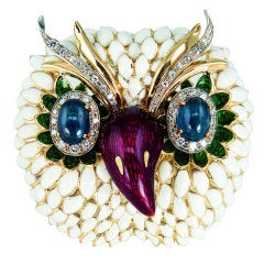 Vintage Enamel Sapphire Diamond Gold Owl Pin Brooch