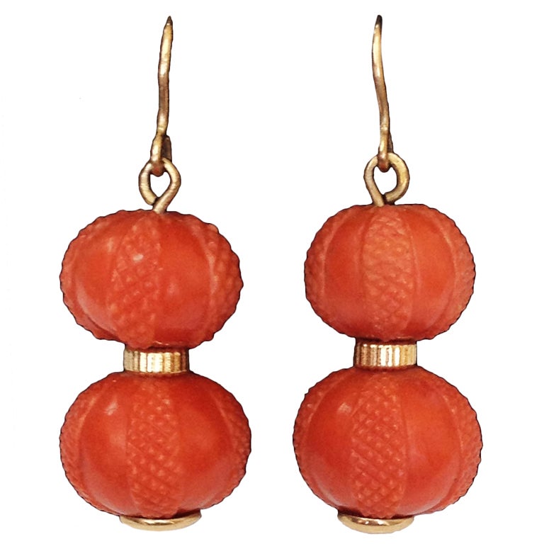 Victorian Coral Double Ball Gold Earrings