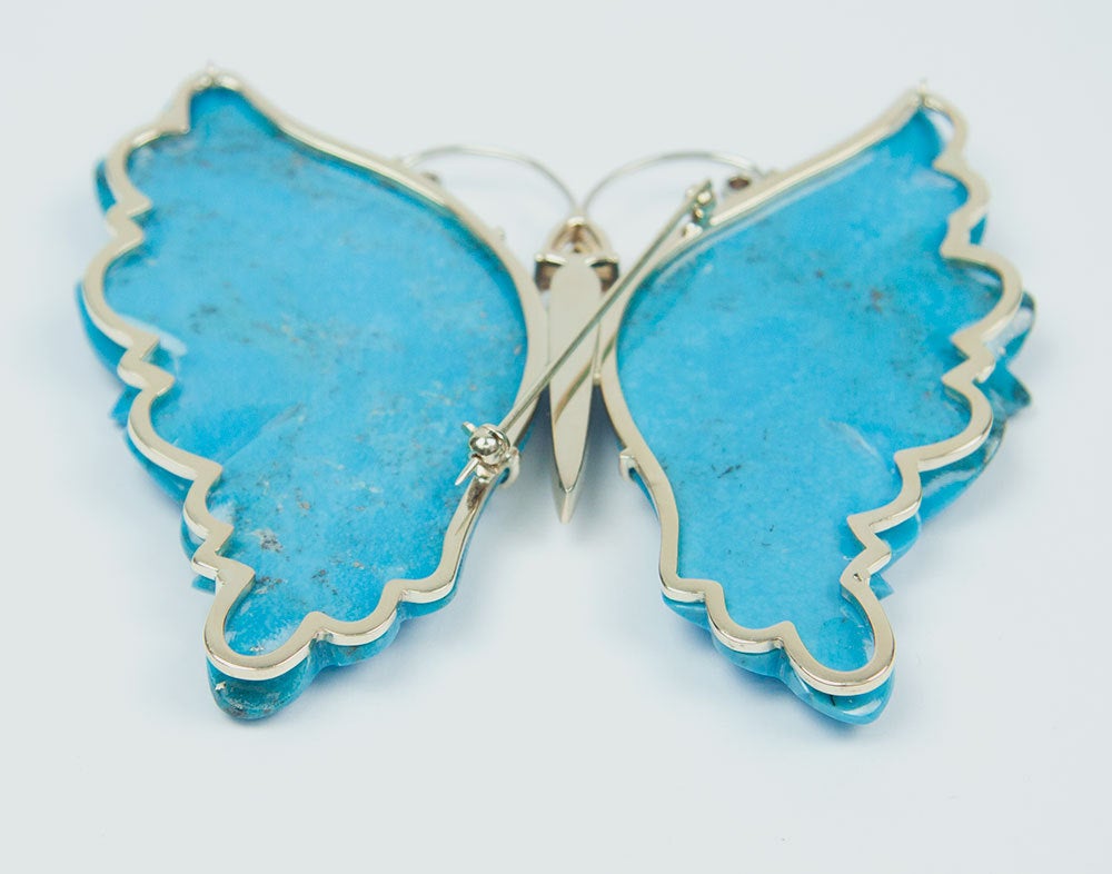 Beautiful Statement hand carved Natural Turquoise 14k yellow Gold Butterfly Brooch Pin Pendant; totally handmade; measuring approx. measures 3 "x 3", including the antennae, bezel set with (two) diamonds and the head with a prong set