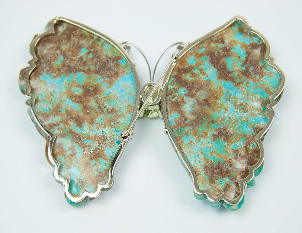 Sensational Statement hand carved Natural Mottled Turquoise 14k yellow Gold Butterfly Pin Pendant; totally handmade; measuring approx. measures 3 